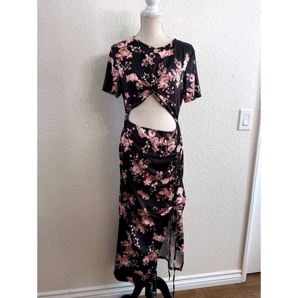 SHEIN SXY Midi Dress XL Black Pink Floral Cutout Ruched Side Slit Twist Front - Picture 2 of 10